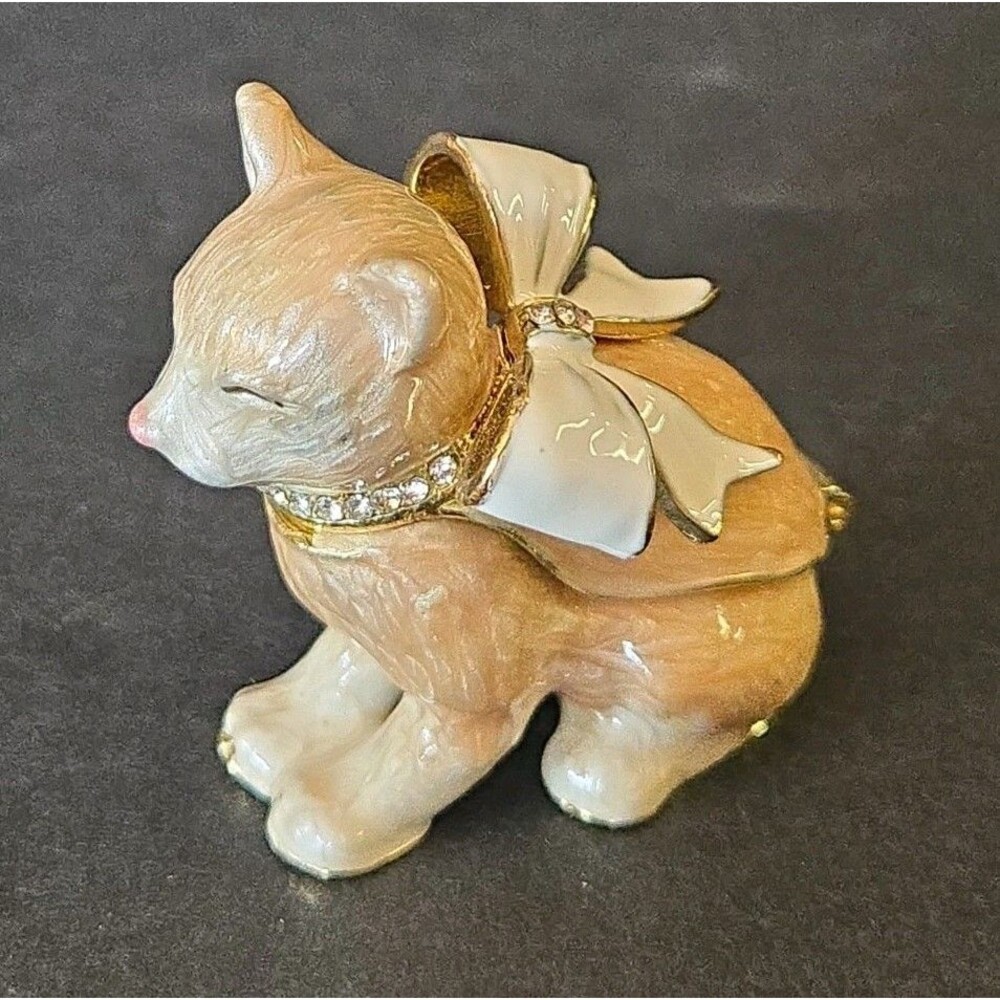 Miniature Cat Enameled Trinket Box, Beige White Bow Magnetic Closer Rhinestone